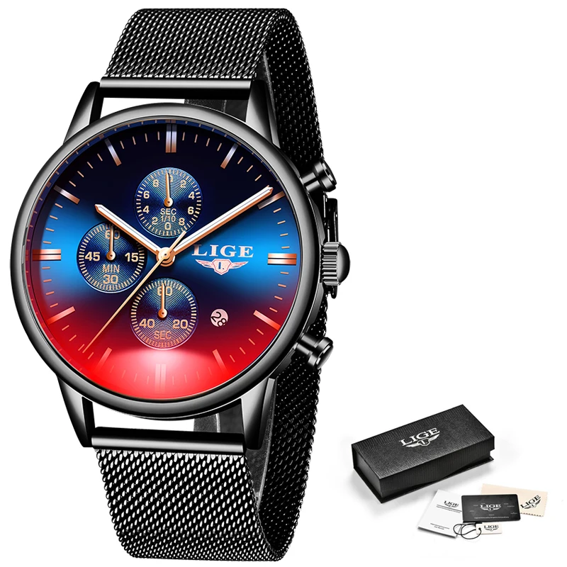 Часы наручные LIGE Мужские кварцевые роскошные брендовые модные повседневные