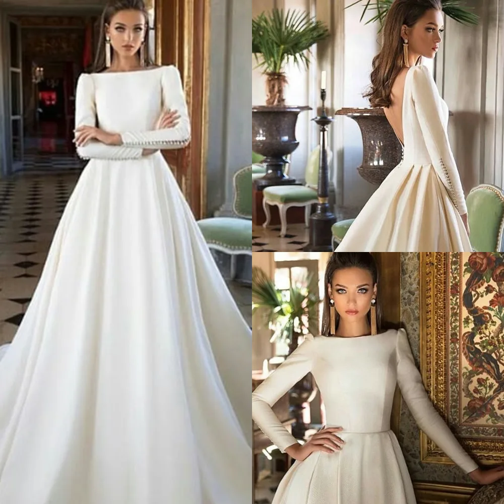 

A-line Wedding Dress Ivory Satin Wedding Gown Elegant Long Sleeve Bride Dress Abito Da Sposa 2020 Vestido De Noiva Brautkleider