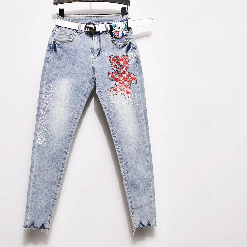 

Женские синие джинсы размера плюс с принтом из мультфильма, растягивающиеся джинсы, узкие брюки на осень