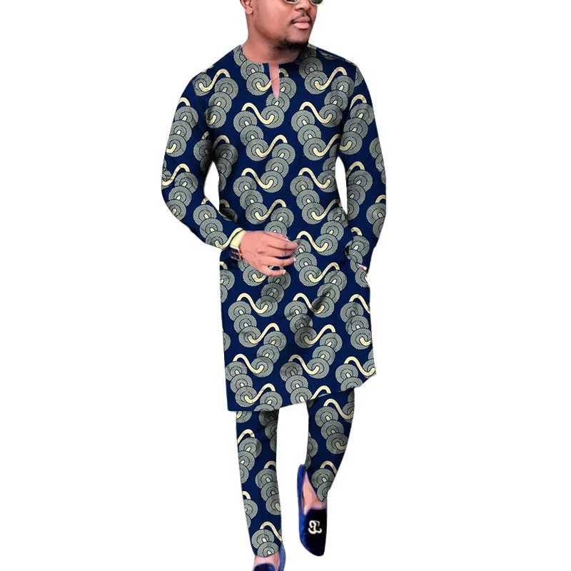 

African Print Men Long Shirt With Pant Nigerian Style Tops Matching Trousers Male Sets Custom Wedding Party Wear