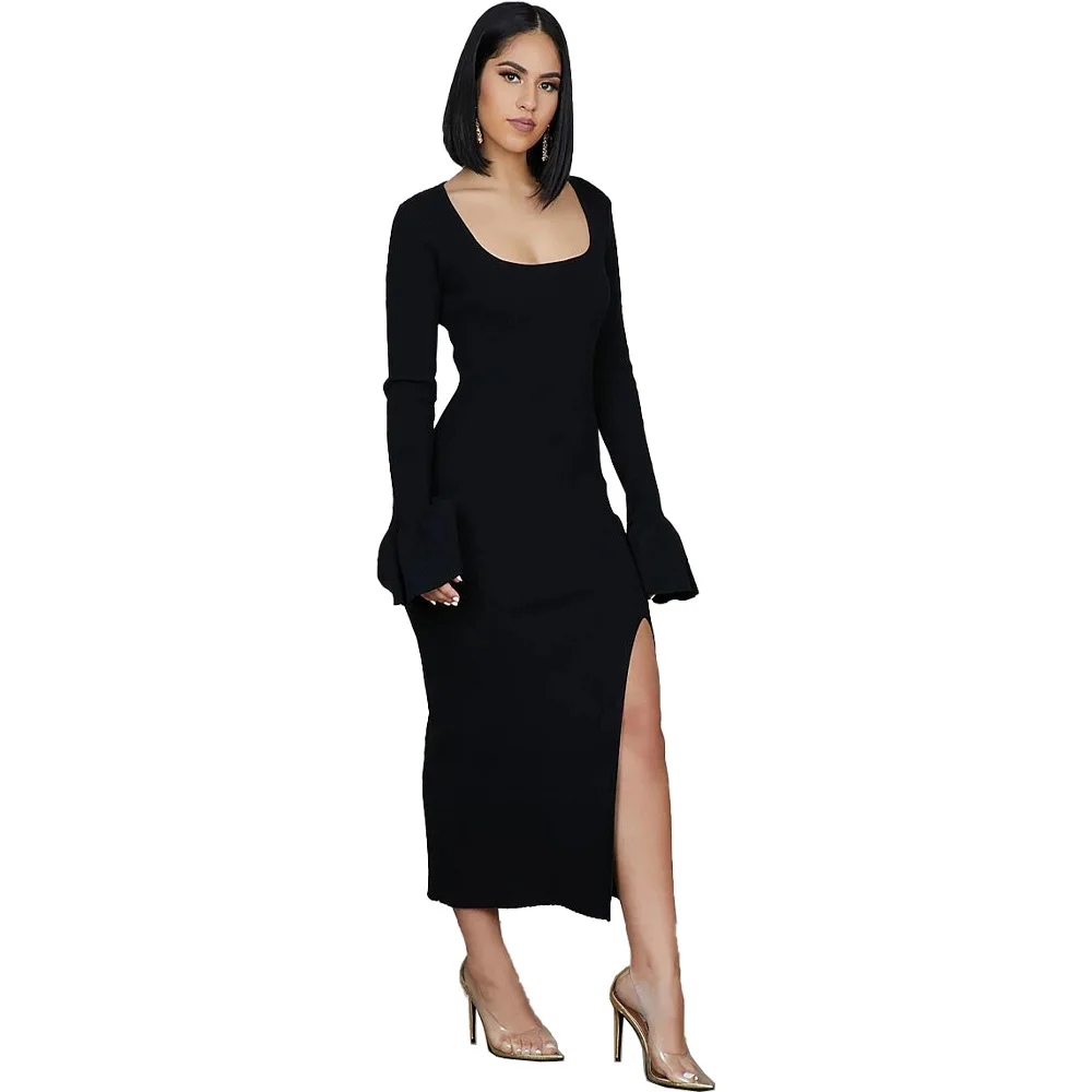 Women Knit Dress Elegant Long Sleeve Warm Sweater Casual O-neck Sexy Hight Slit Office Party Pencil Dresses Fall Clothes | Женская