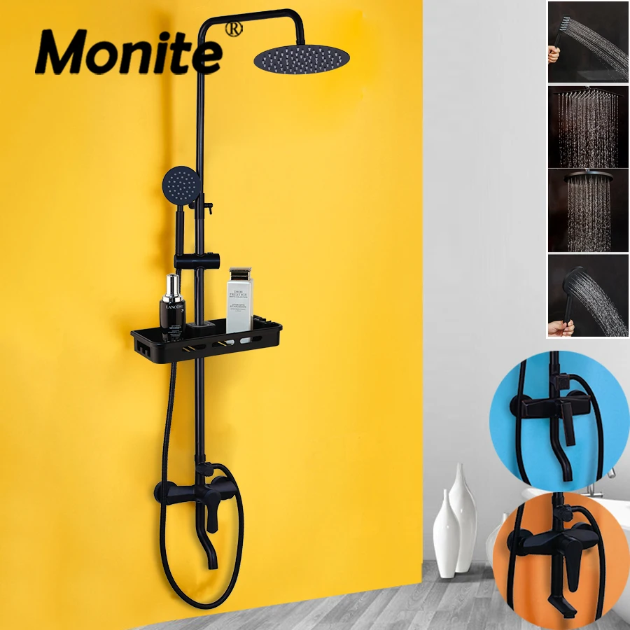 Матовый черный смеситель для душа Monite однорычажный ванны с полкой хранения кран