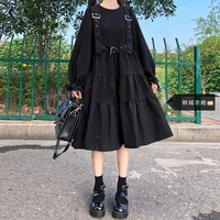 japanese harajuku women black midi dress gothic punk style suspenders bandage dress vintage ruffles long sense of design costume
