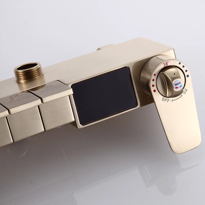 brushed gold thermostatic piano shower set quality brass waterfall bathroom mixer faucets wall rainfall digital shower mixer set free global shipping