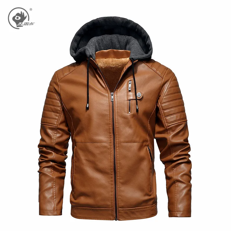 

Little Rain Winter Jacket Men Big Size PU Leather Coat Fleece Lined Bomber Faux Leather Jacket Slim Fit Biker Hood Outerwear