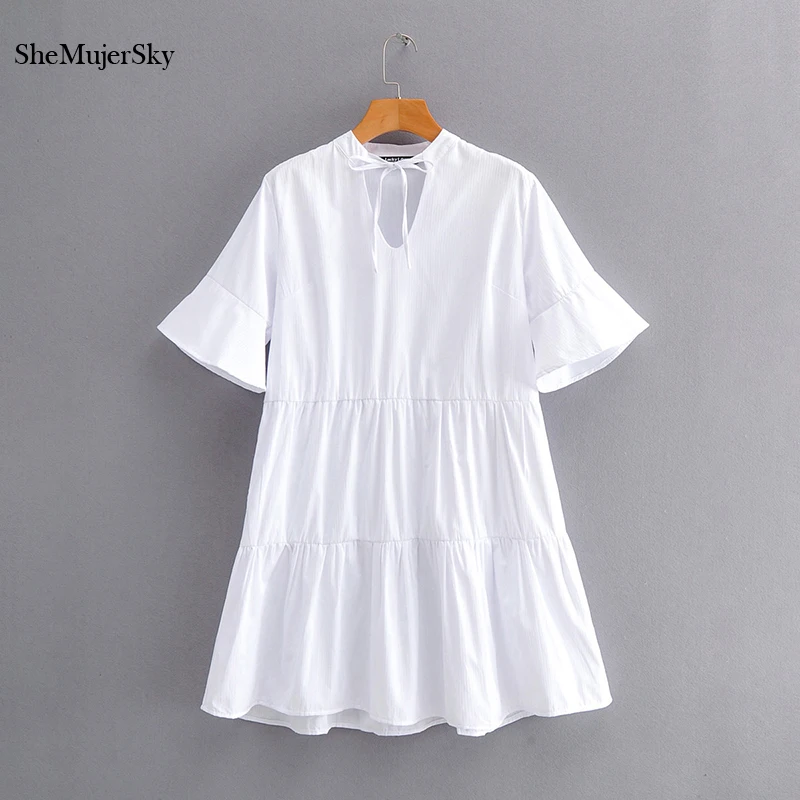 

SheMujerSky Women White V-neck Dress Short Sleeve Summer A-line Loose Dress 2020 Spliced Dresses