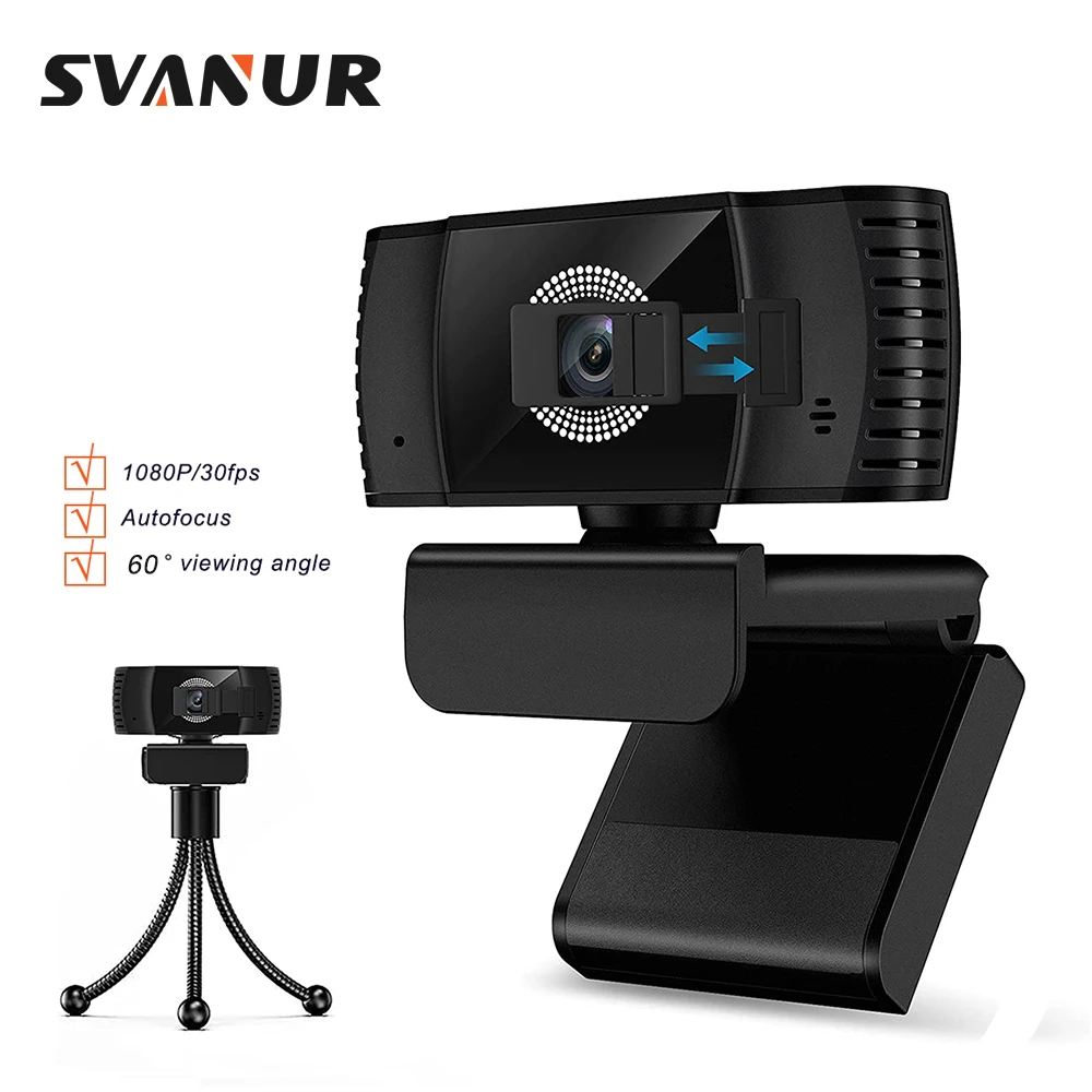 SVANUR-cámara web con enfoque automático, Webcam con micrófono y trípode, 30fps, 1080P, ordenador portátil de escritorio, conferencia, juego en vivo con cubierta de privacidad