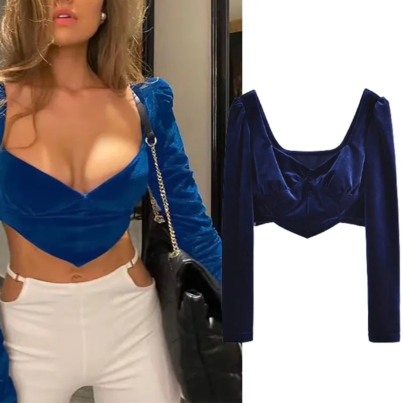 

Xypskh Za Women New Fashion Velvet Sexy Tight Cropped Blouses Vintage Long Sleeve Side zipper Female Shirts Blusas Chic Tops