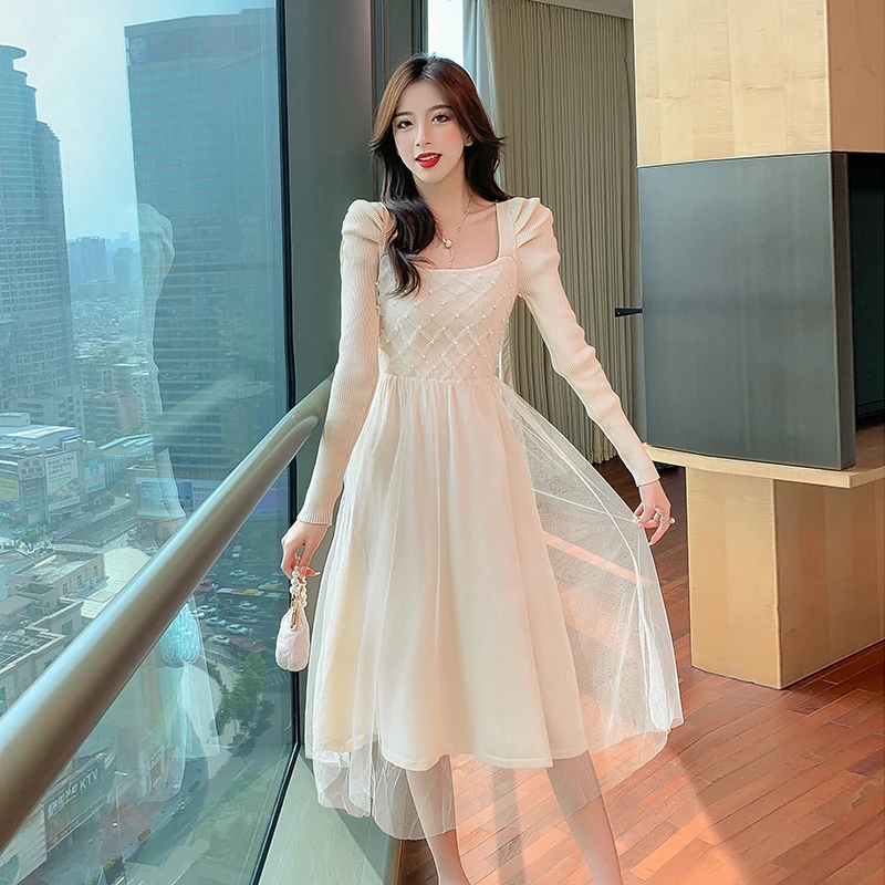 

Женское трикотажное платье, офисное цельное платье во французском стиле с длинным рукавом и высокой талией, осень-весна 2021