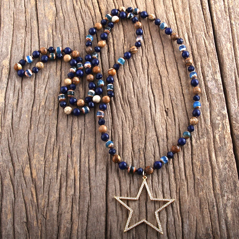 

MD Fashion Boho Jewelry 6mm Natural Stones With Cubic Zircon Pentagram Pendant Necklaces Women Necklace Gift