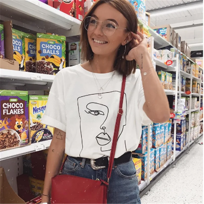 Женская абстрактная футболка с простым лицом хлопковая Повседневная забавная
