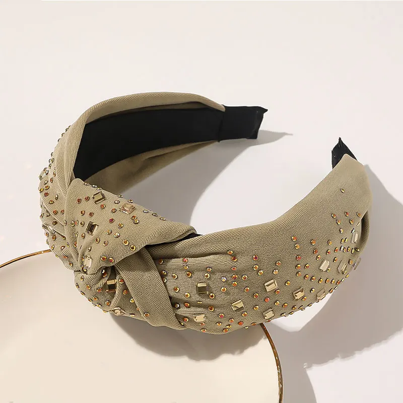 Широкая повязка на голову с кристаллами Стразы холщовая перекрестным узлом