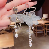 korean elegant asymmetric bowknot imitation pearl earrings fashion round flower dangle long statement wings earrings jewelry