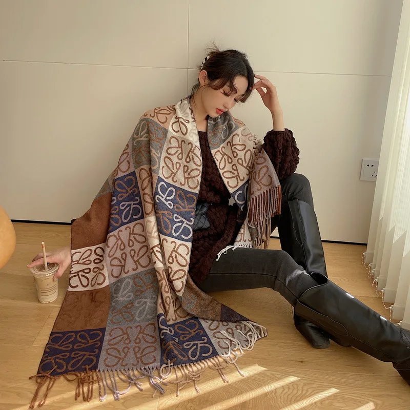 

Winter Women's Scarf Autumn and Winter Printing Tassel Warm Shawl Korean Fashion Fashion Imitation Cashmere Thick Tassel Scarf