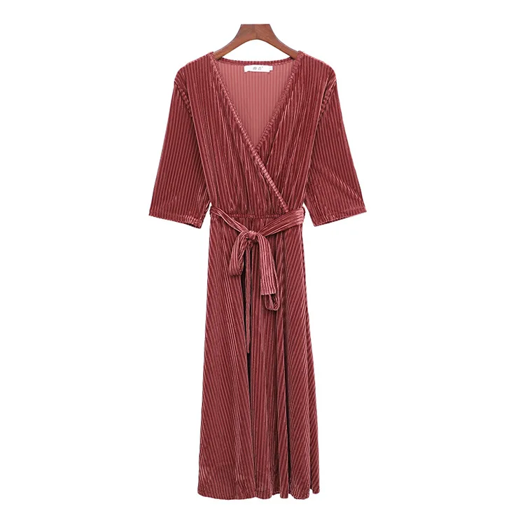 Женское бархатное платье в полоску повседневное плиссированное большого