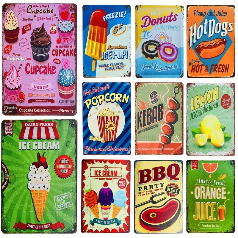 

Ice Cream Dessert Cakes Hot Dog Furit Vintage Retro Fast Food Bbq Metal Tin Signs Wall Art Tin Plaque Shabby Home Decor Posters