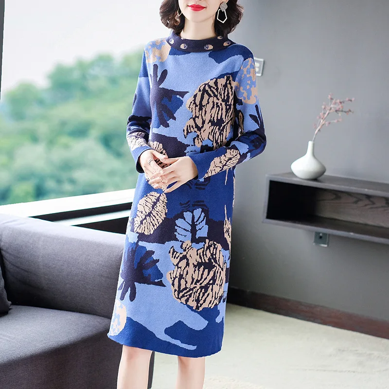 

Knitted dress 2019 female autumn and winter new fashion casual loose printed bottoming large size M-2XL high quality vestidos