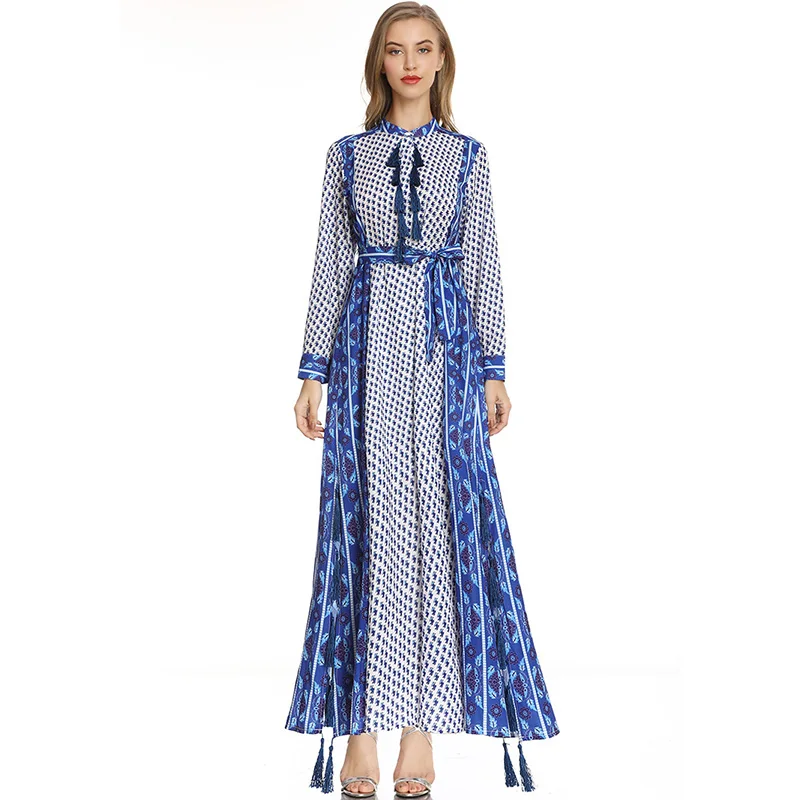 Australia fashion printed belt shirt plus size women's long skirt Muslim women's long skirt Abaya Islamic ethnic evening dress