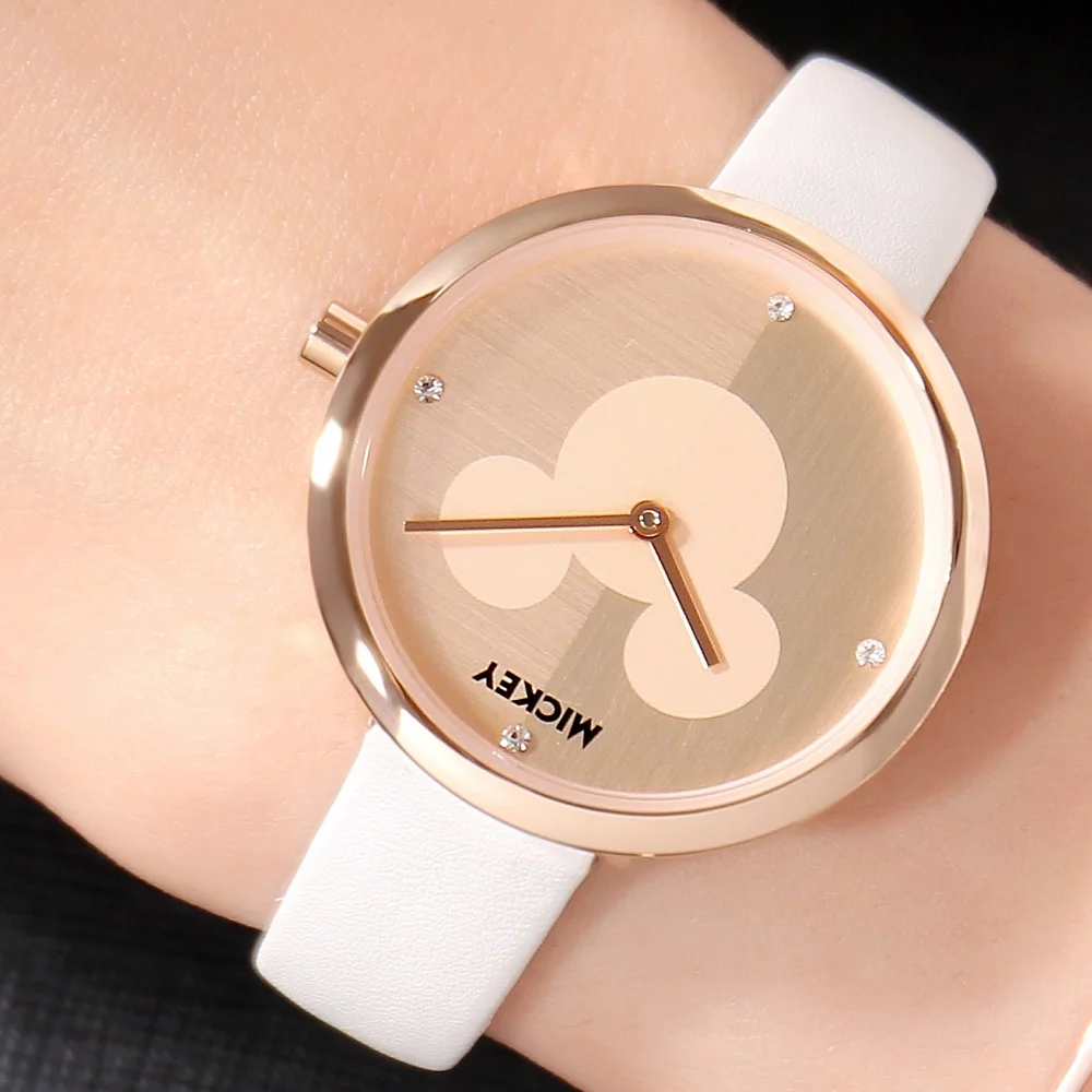 Disney Микки Маус женские часы из нержавеющей стали Кожа Повседневная серебристого