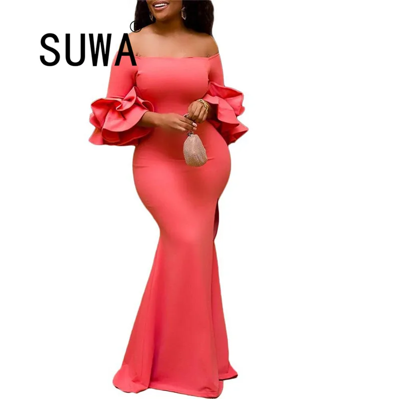

African Dresses for Women 2021 Mermaid Slash Neck Elegant Dress Clothes Fashion Long Maxi Party Wedding Robe Wholesale