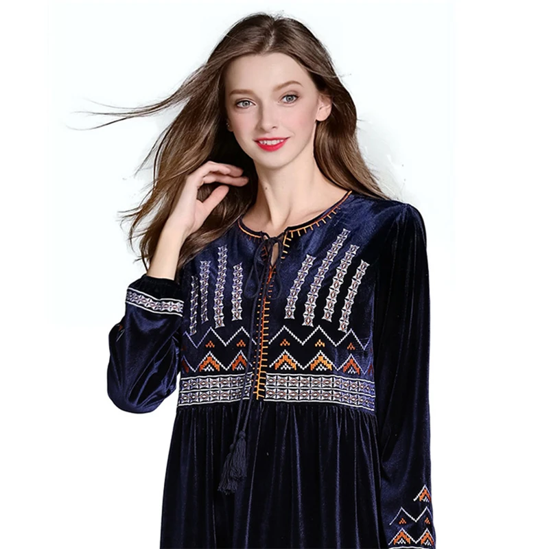 

2019 Women Long Blue Muslim Dress Long Sleeve Velour Embroidery Dubai Robe Dresses Arabic Casual Spliced Clothing Spring Autumn