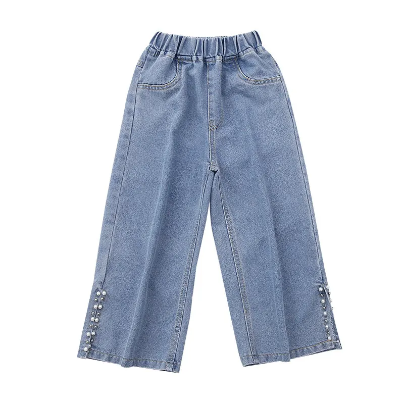 

Korean Vintage Short Style Kids Wide Leg Jeans For Girls Spring Ankle Length Denim Pants With Pearls Cool Children's Clothing