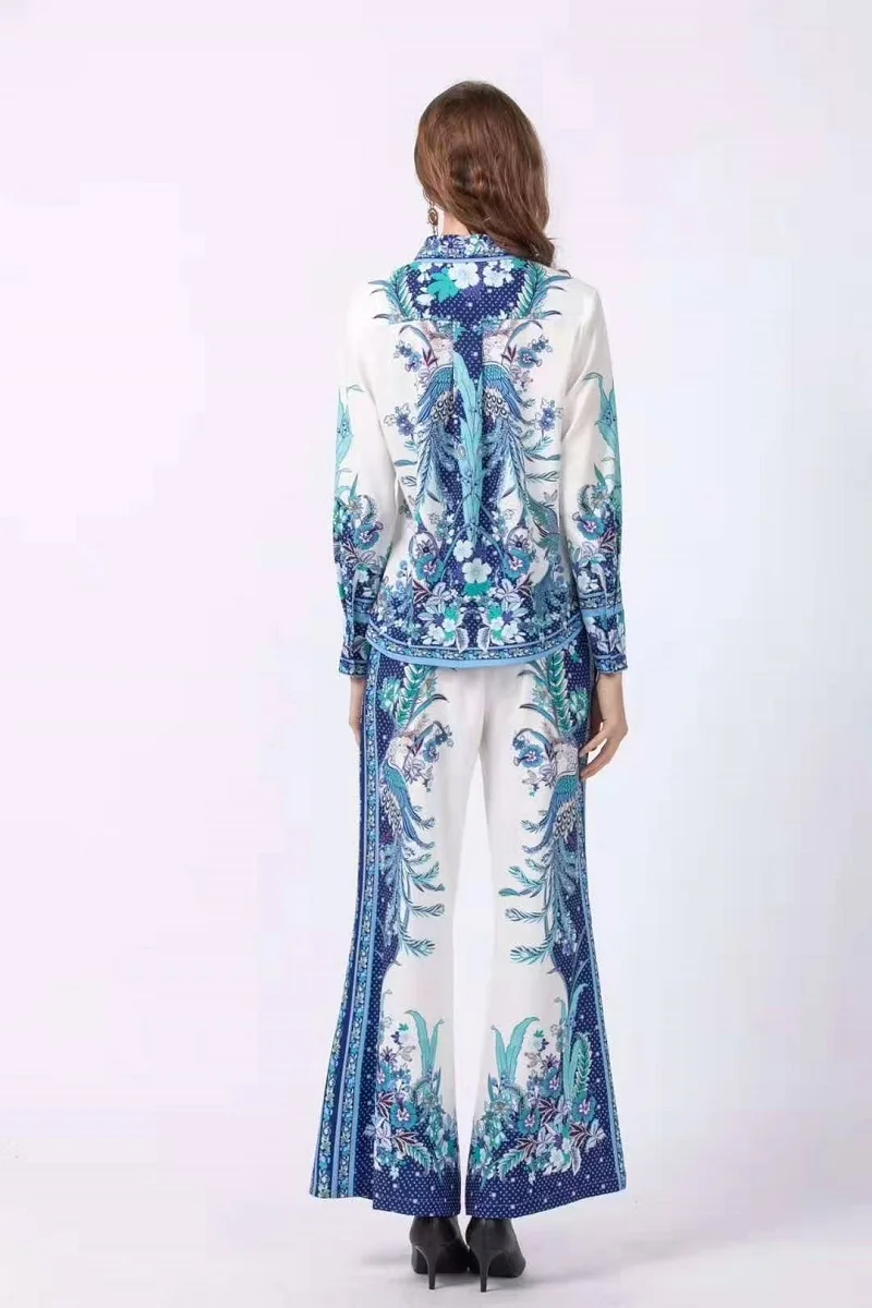 

Женский комплект 2020, Весенняя модная одежда, Женский винтажный топ с принтом Phonix + длинные широкие брюки, женские комплекты