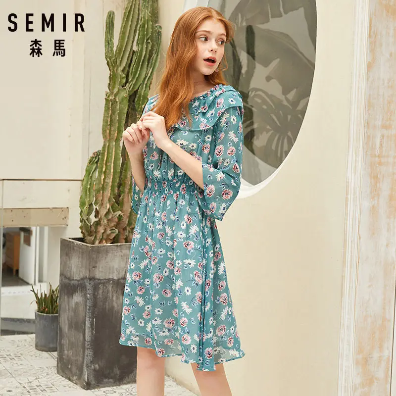 Платье SEMIR женское шифоновое с одним вырезом винтажное рукавами и оборками