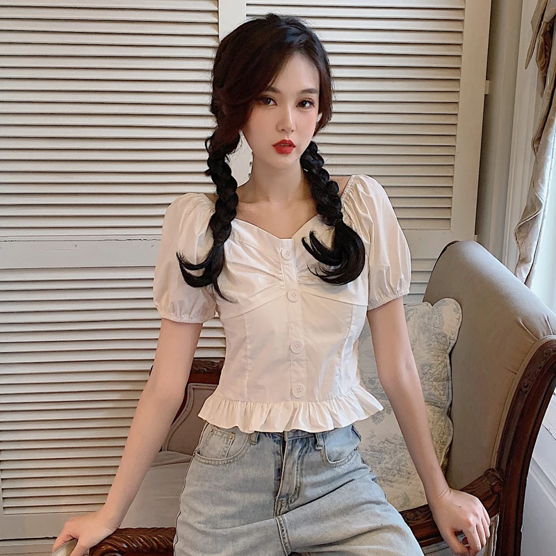 

Ruffles Shirt Womens tops Puff Sleeve V-Neck Women shirts White Purple