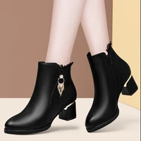 2021autumn and winter leather womens ankle boots chunky heel boots plus size single boots female high heel leather shoes
