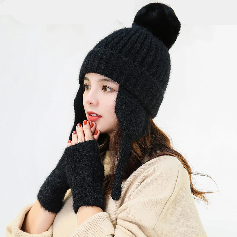 Простые теплые лыжные брендовые перчатки с помпонами из кроличьего меха +