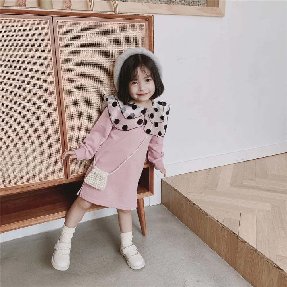 Милое Платье для девочек осеннее платье с воротником в виде листьев лотоса