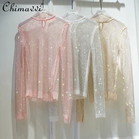 new crystal rhinestone hollow top starry ladies sexy long sleeve see through underwear net drill shirt small women top blouse