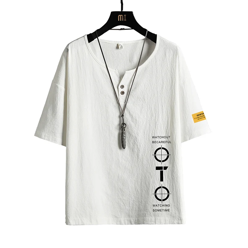 Льняная футболка с коротким рукавом для мужчин Коллекция 2022 года Летняя белого и