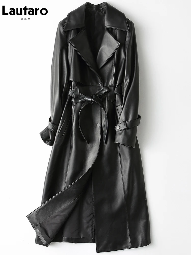 

Lautaro Autumn Long Black Pu Leather Trench Coat for Women Long Sleeve Belt Plus Size British Style Fashion 2021 4xl 5xl 6xl 7xl