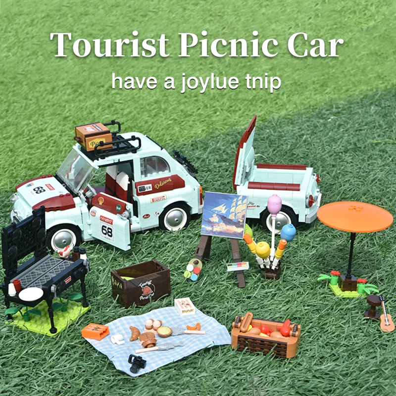 

Moc Assembly Ideal Tourist Picnic Car Trailer Tractor Diy Building Block Set Transport Children's Educational Bricks Toys Gifts