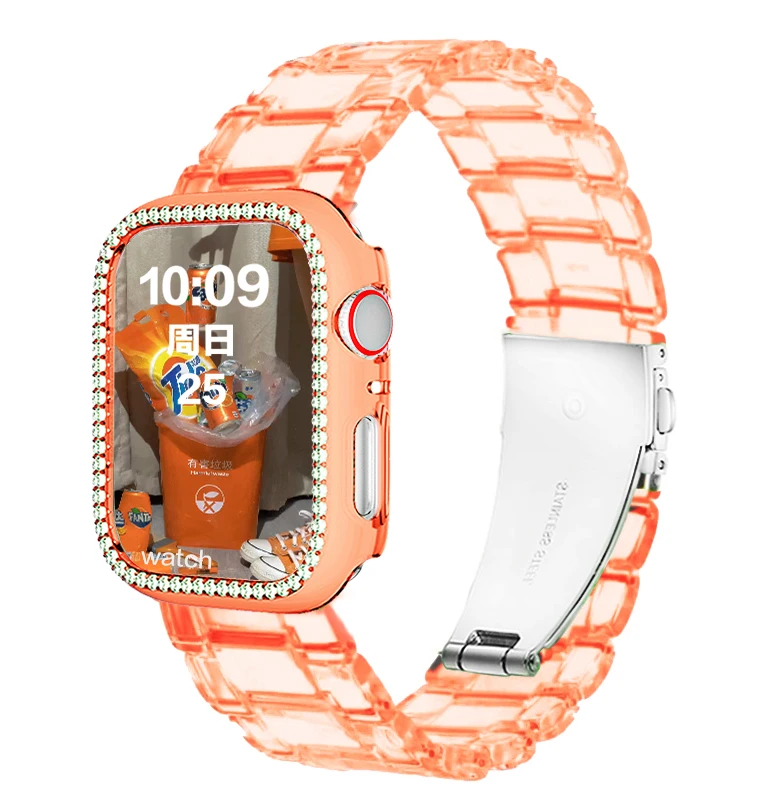 

NEW Transparent Resin Strap+Diamond Case For Apple Watch Band 40mm 44mm Bracelet for Apple Watch 38mm 42mm series 6 SE 5 4 3 2 1