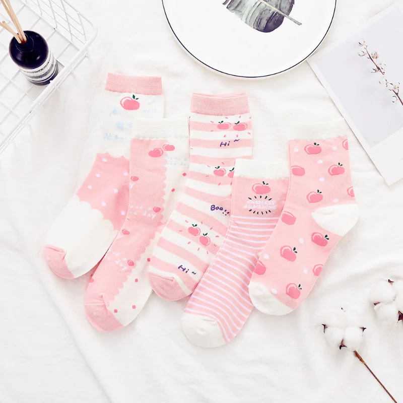 

Japanese Happy Funny Pink Fruit New Tube Sock Women Korean College Style Cute Peach Harajuku Simple Letter Cartoons Trendy Socks