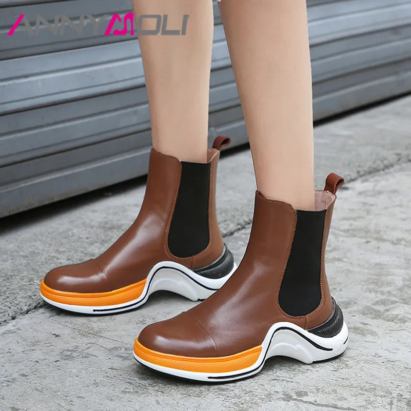 

ANNYMOLI Real Leather Flat Platform Ankle Boots Woman Chelsea Boots Round Toe Short Boots Ladies Shoes Autumn Winter Brown 34-43