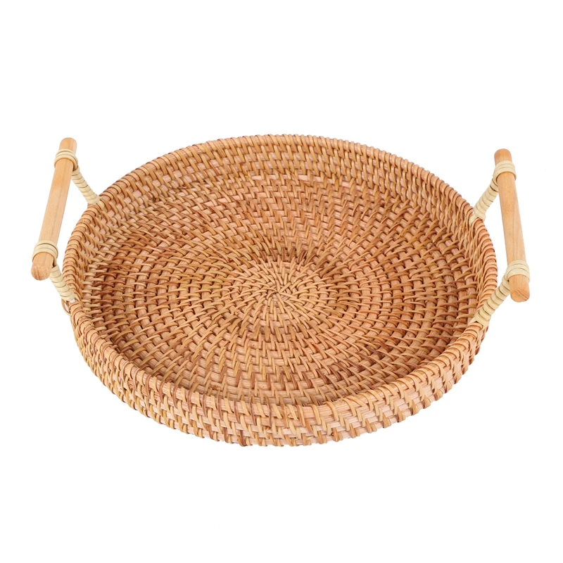 

HOT Rattan Bread Basket Round Woven Tea Tray With Handles For Serving Dinner Parties Coffee Breakfast (8.7 Inches)