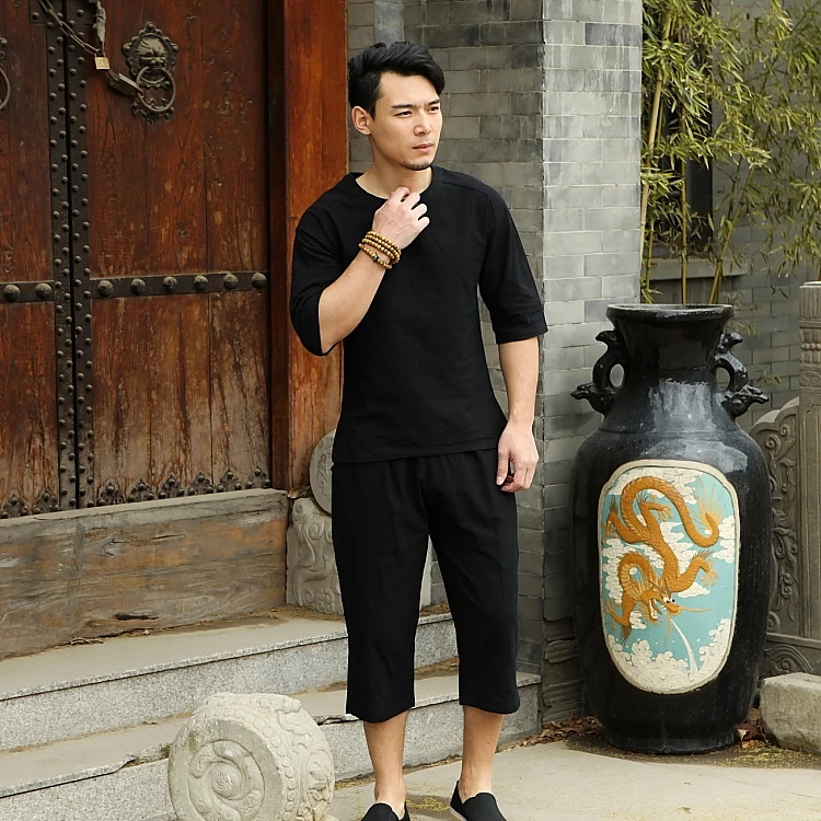 

Free shipping summer men's large size Linen Three Quarter t shirt casual o-neck two-piece sets t shirts suits 8xl 9XL hip hop