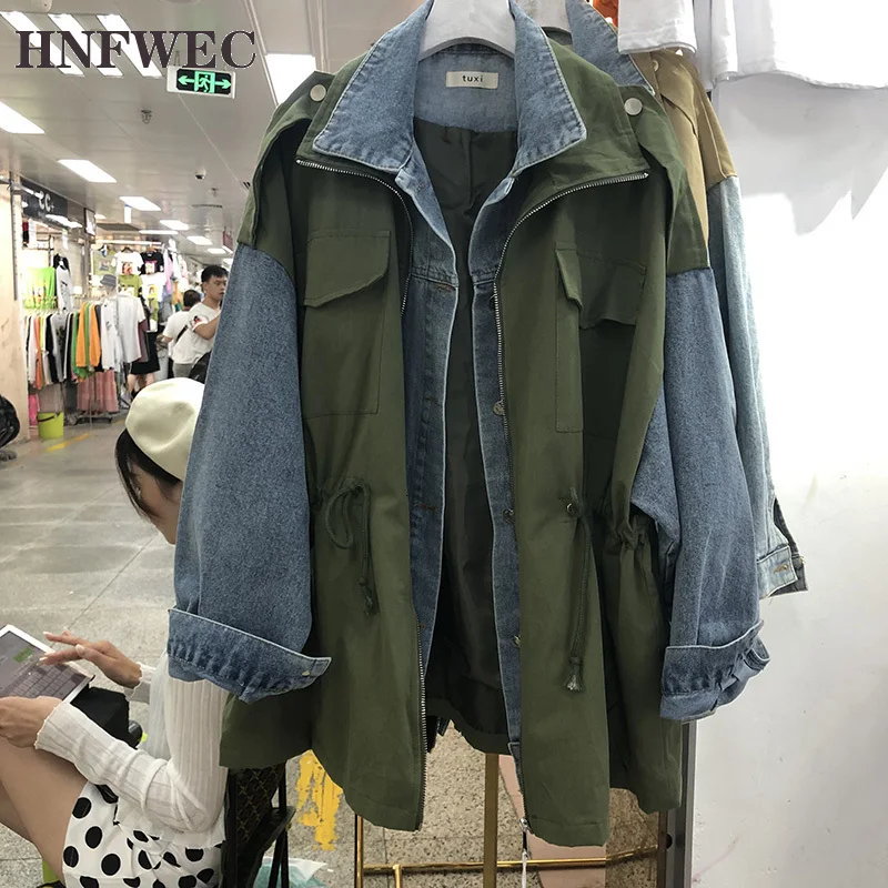 

Stand Collar Color Denim Stitching Jackets Women Drawstring Wild Fashion Jacket Female 2020 Autumn New Women Tops F777