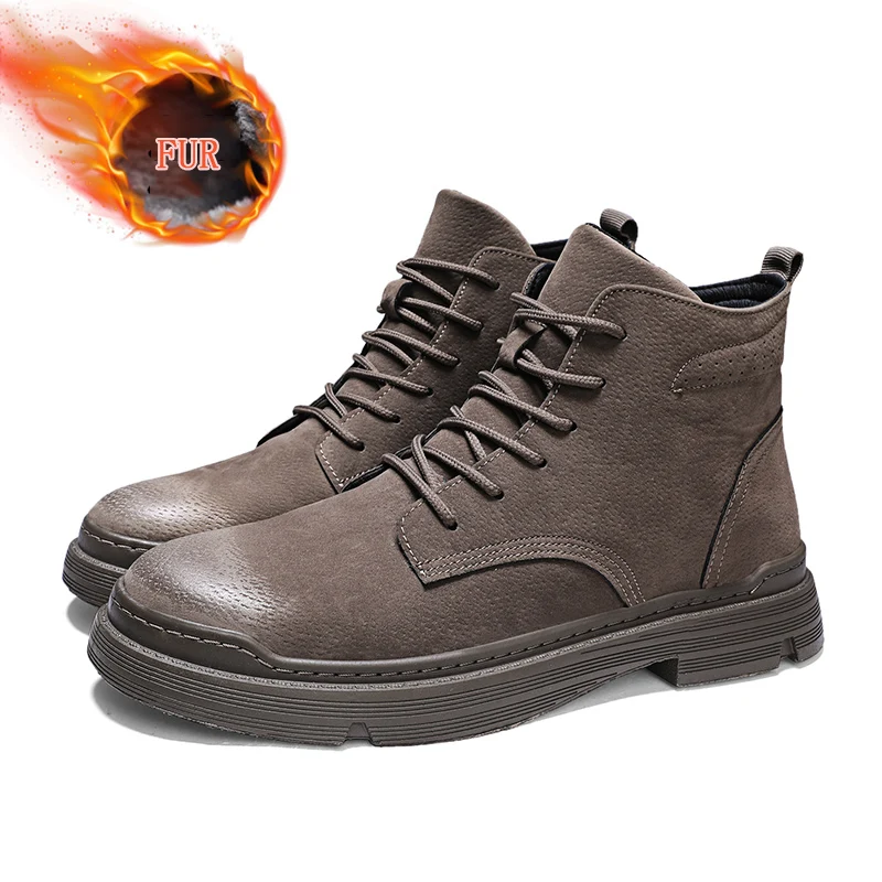Настоящие новые Брендовые мужские ботинки; Martens; теплая зимняя обувь; мужские мотоциклетные ботильоны; doc martins; сезон осень-зима; мужские оксфорды - Цвет: BROWN For Fur