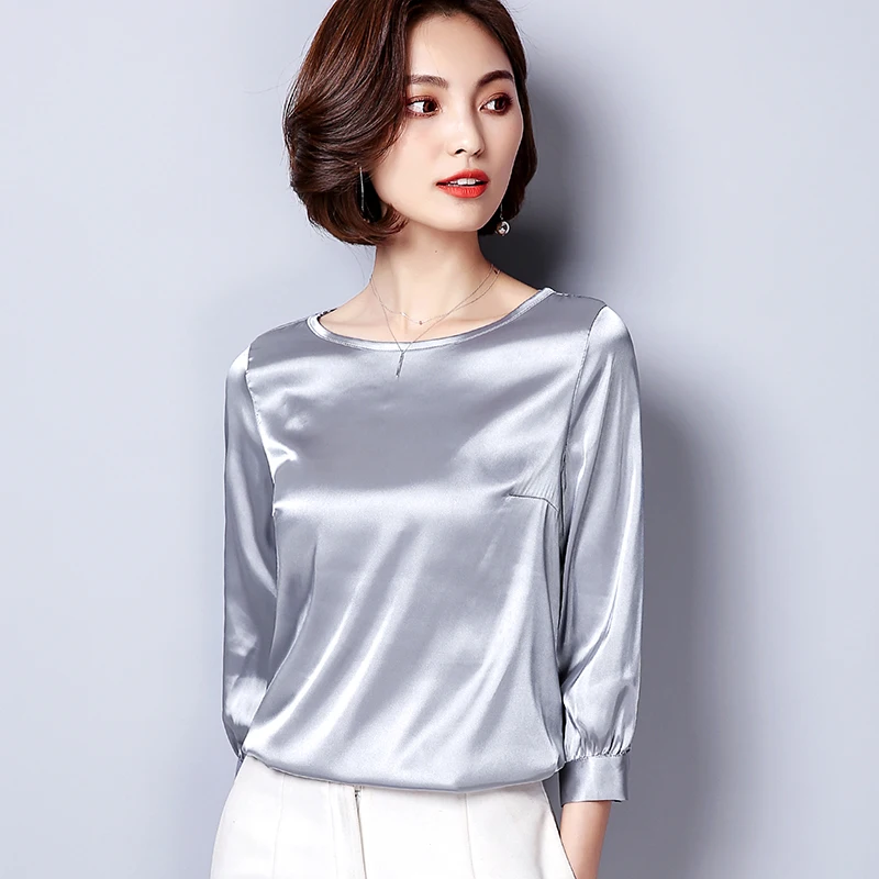 Блузка Женская атласная с длинным рукавом шелковая свободная одежда для работы в