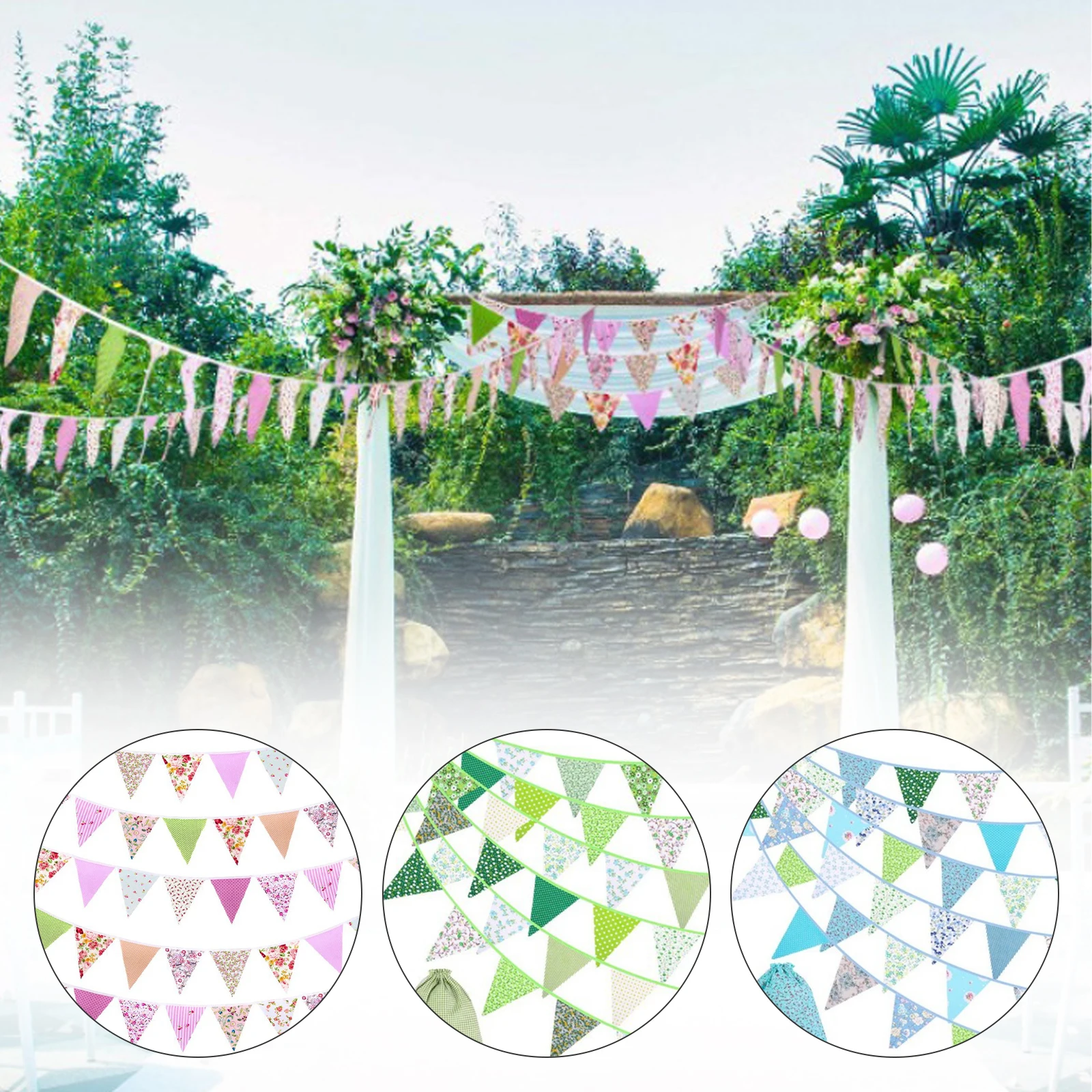 

40ft Fabric Bunting Banners Floral Vintage Reusable Cotton Flag Garland Decoration with 42pcs for Garden Wedding Birthday Party