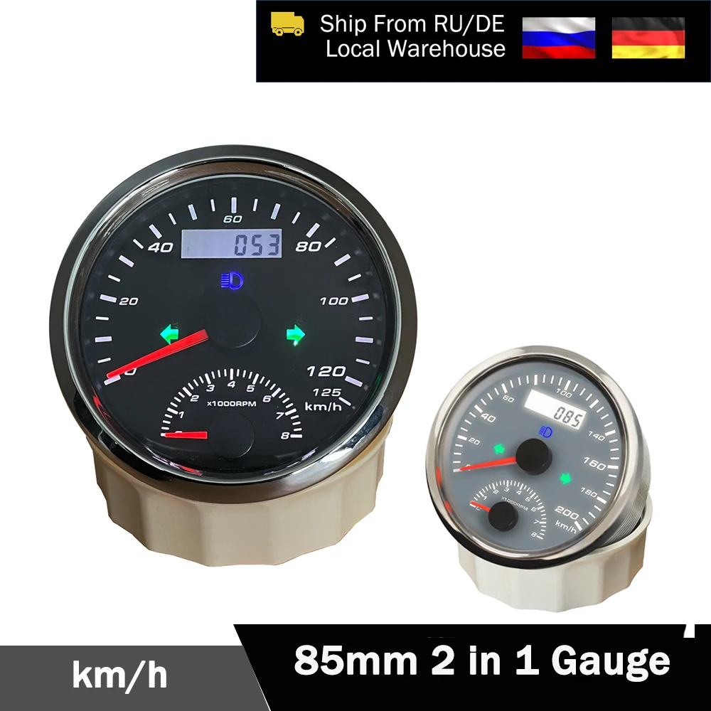 

Тахометр 200 км/ч 125 км/ч 8000 об/мин 85 мм