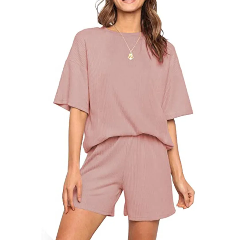 

2021 spring and summer new women's ribbed short-sleeved home wear solid color casual two-piece pajamas set hot sale Polyester