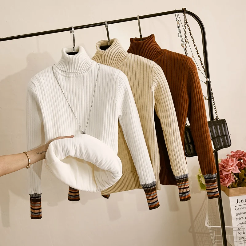 Женский свитер с высоким воротом GIGOGOU теплый толстый вязаный пуловер в рубчик