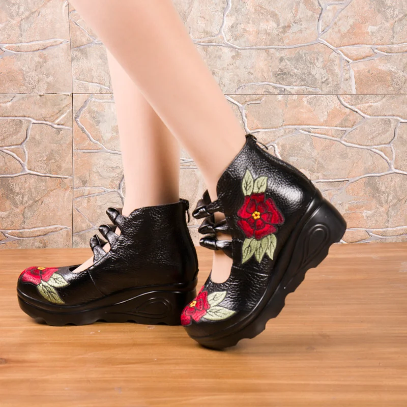 

Spring and autumn new national style leather high top shallow mouth single shoe slope heel embroidered leather shoes thick heel