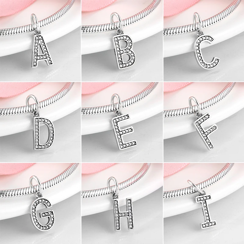 

New 925 Sterling Silver Alphabet Letter bead A to Z Clear CZ Charms Pendent Fit Original Designer Bracelets for Women Jewelry